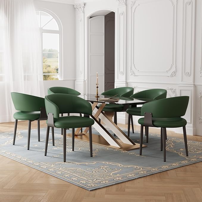 Modern Dining Chairs Set of 2, Faux Leather Upholstered Kitchen Chairs with Curved Back and Metal Legs, Mid Century Chairs for Dining Room, Kitchen, or Café (Green)