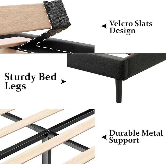 King Size Bed Frame with Wingback Headboard, Upholstered Platform Bed, No Box Spring Needed, Sturdy Wooden Slat Support, Easy Assembly, Dark Gray