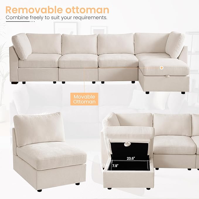 TEKAMON 123" Modular Sectional Sofa with Ottoman,Extra Large Comfy Cloud 4-Seat Deep Seat, Reversible Chaise Modular Sectional Couches for Living Room and Apartmenr,Beige