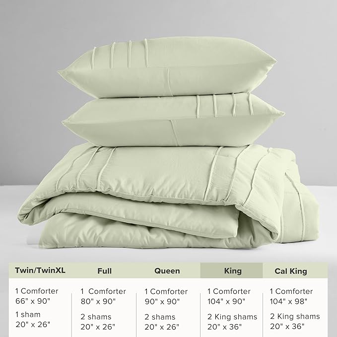 Comfort Spaces Sage All Season Lightweight Comforter Set - 3 Piece Pintuck Pleated Bedding Set, Extra Soft Pre-Washed Microfiber, Shams, King/Cal King