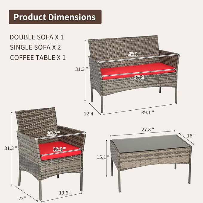 FDW Outdoor Patio Furniture Set Wicker Patio Set PE Rattan Furniture Bistro Set for Outdoor Indoor Use with Loveseats Coffee Table, Red Cushions, 4 Pieces