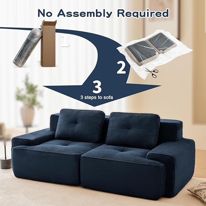 80" Modern Compressed Boneless Love Seat Couches, 2 Seater Large Sectional Couches for Living Room, Blue Corduroy Cloud Modular Sectional Sofa, Memory Foam, Extra Deep Loveseat, No Assembly