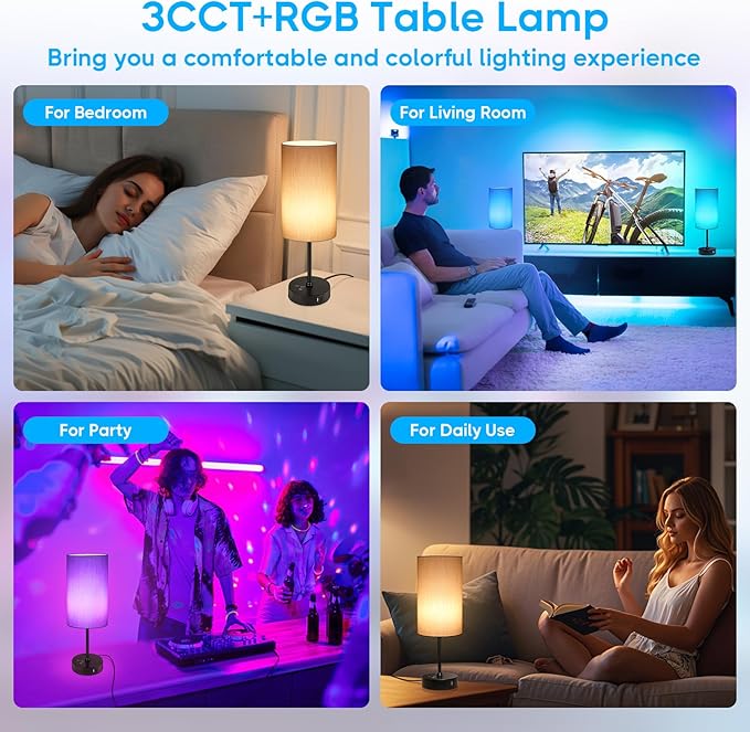 Unicozin 17Inch Table Lamp, 3 CCT 3000K/4500K/6500K & RGB Color Changing, Stepless Dimmable Bedside Lamp for Reading, Ambience Nightstand Light for Home Decor Party, Grey Shade