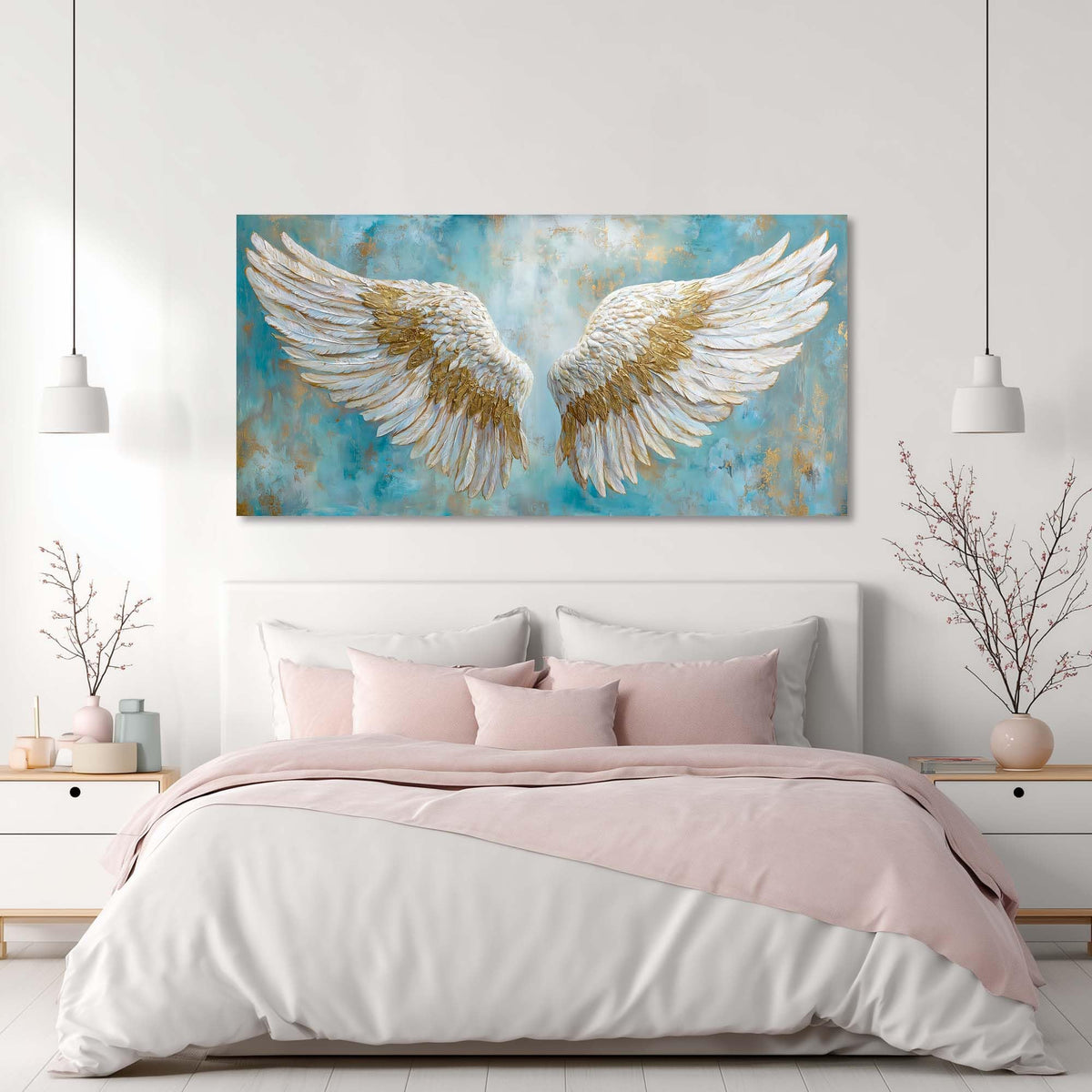 TEKMENT White Angel Wings Wall Art for Bedroom Oil Painting Canvas Prints Beautiful Blue Anime Art Deco Elegant Artwork Office Family Decor
