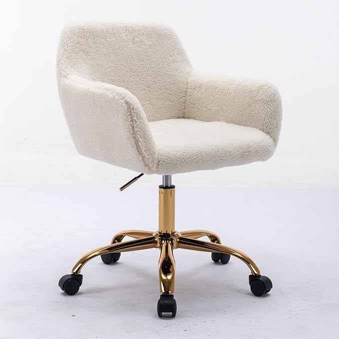 Goujxcy Fluffy Desk Chair, White Faux Fur Vanity Chair Swivel Office Chair for Girls Women, Height Adjustable Cute Teddy Furry Makeup Chairs for Bedroom Home Office