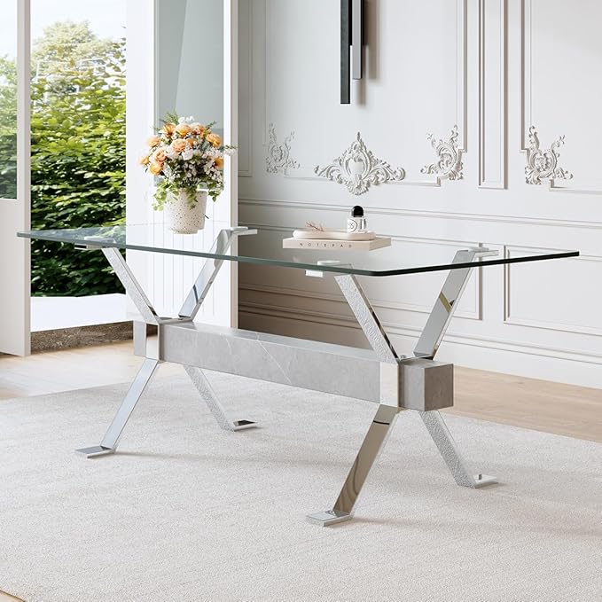 Glass Dining Table 71"|Modern Dining Table for 6-8|0.4" Thick Tempered Glass Top|Chrome Silver Metal Legs|Grey Crossbar|Easy Assembly|Perfect for Dining Room or Kitchen