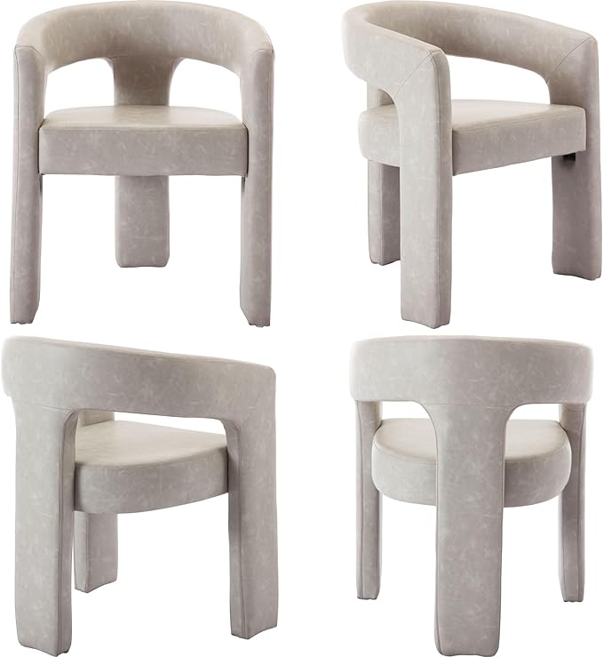 Set of 2 Modern PU Leather Upholstered Dining Chairs with Open-Back, Cute Barrel Side Chairs Kitchen Armchair Accent Chairs for Dining Room Bedroom, Grey