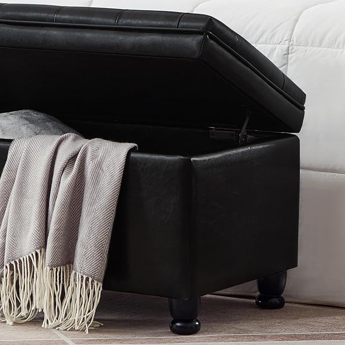 mikibama PU Leather Storage Bench for Bedroom End of Bed,45" Long Tufted Bed Bench with Storage,Modern Mid Century Storage Ottoman Bench for Window,Entryway,Living Room Solid Wood Legs (Black PU 45")