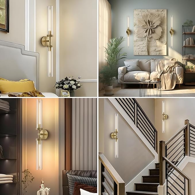 Brass Wall Sconces, 30in Gold 2-Light Double Glass Sconces Wall Lighting, Bathroom Knurled Vanity Light Sconces, Wall Lights for Living Room Bedroom(Including Bulb)