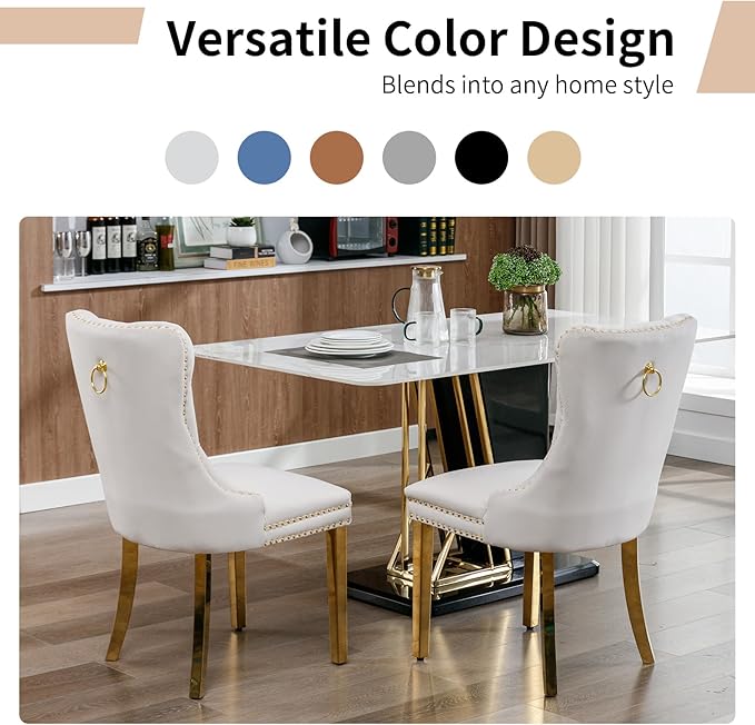 Luxury Upholstered Dining Chairs Set of 6, Beige Kitchen Chair with Golden Metal Legs, Velvet Tufted Back Dining Chair, Sillas de Comedor, Modern Kitchen & Dining Room Chairs (Beige, 6 Pcs)