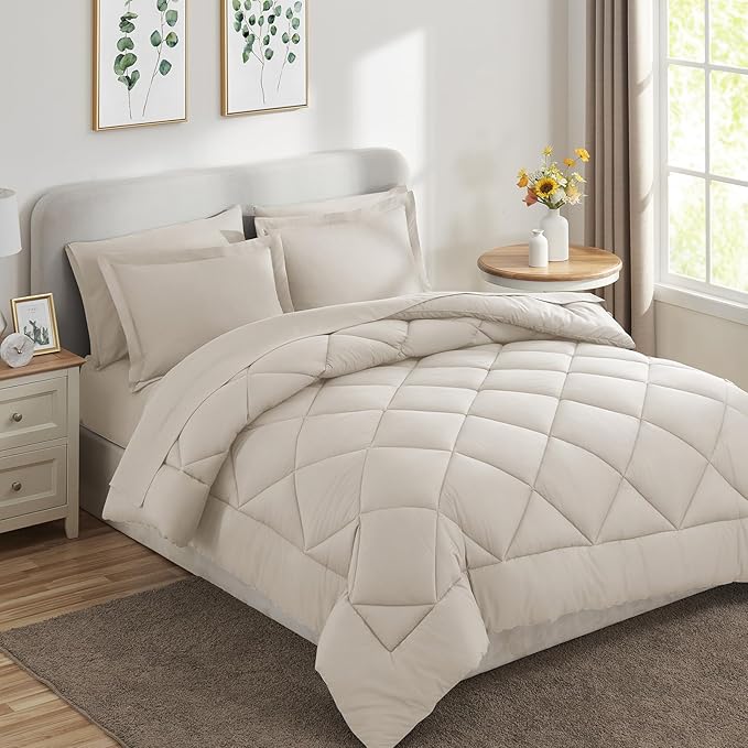 CozyLux King Size Comforter Set Beige - 7 Pieces Bed in a Bag King, Luxury Soft Bed Set for All Seasons, Bedding Set with Down Alternative Comforter, Sheets, Pillowcases & Shams