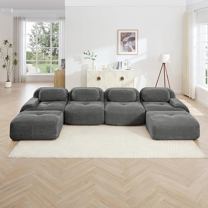 Gray Ottoman for Modular Sectional Sofa, Corduroy Deep Seat for Oversized Compressed Boneless Sectional Couches for Living Room Bedroom Apartment, Cloud Sofa Couch Set, Memory Foam, No Assembly