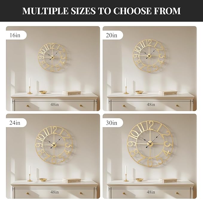 Cuspin Large Wall Clock 24 Inch Gold, Decorative Wall Clocks Battery-Operated, Modern Metal Round Clock Silent Non Ticking Arabic Numerals for Living Room Kitchen Mantel Bedroom Office Decor