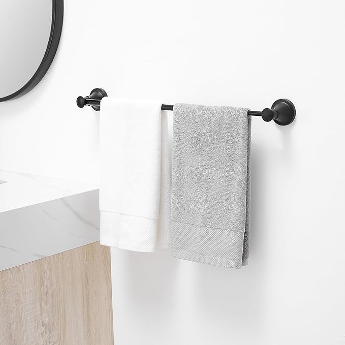 BESy Adjustable Bronze 16 to 28 Inch Bath Towel Bar Rack for Bathroom Towel Holder, Wall Mounted Towel Bar Rod Hanger Bathroom Hardware Accessories Hotel Style, Stainless Steel, Matte Black