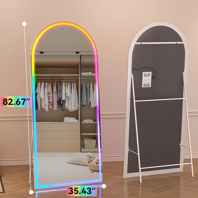 Hasipu 82.7" x 35.4" Arch LED RGB Bluetooth Full Length Mirror with Stand & 7 Color Lighting Modes, Full Body Mirror with White Frame for Bedroom, Living Room, Dressing Room