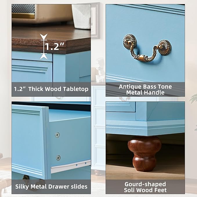24" Wide Farmhouse Nightstand Set of 2, 54" 7 Drawers Dresser, 37" Tall Rustic Chests of Drawers w/ 4 Solid Wood Feet, Farmhouse Furniture Series for Living Room,Bedroom,LightBlue