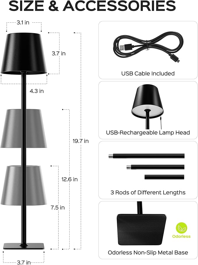 JACKYLED Cordless Lamp DIY Height, 3 Color Stepless Dimming, 5000mAh Battery Operated Lamp Portable Rechargeable for Bedroom Dinning Kitchen, Metal Black, 1 Pack