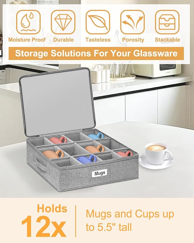 punemi Mug Storage Organizer with Rigid Top, Sides & Bottom, Padded Dividers, 2-Pack Stackable Coffee Mug Storage Boxes for Tea Cups, China Storage Containers for Packing & Moving