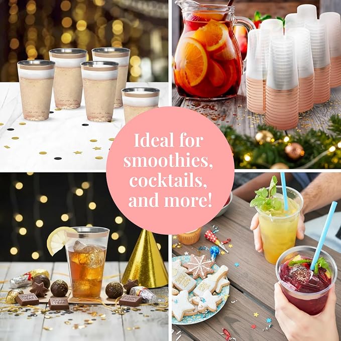50 Pack Disposable Plastic Cups by Prestee - 14 oz Rose Gold Rimmed Plastic Wine Glasses - Heavy Duty, Pink Rim Cup - Disposable Party Cups and Fancy Wedding Tumbler - Elegant Decoration Cup for Party