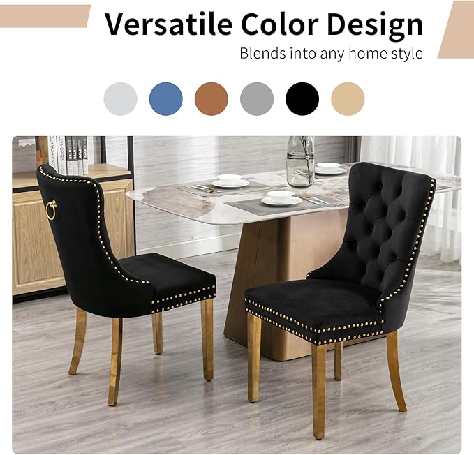 Luxury Upholstered Dining Chairs Set of 8, Black Kitchen Chair with Golden Metal Legs, Velvet Tufted Back Dining Chair, Sillas de Comedor, Modern Kitchen & Dining Room Chairs (Black, 8 Pcs)