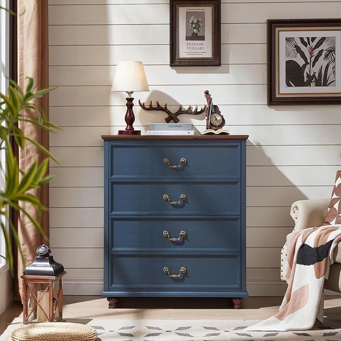 24" Wide Farmhouse Nightstand with Charging Station Set of 2, 37" Tall Rustic Chests of Drawers w/ 4 Solid Wood Feet, Farmhouse Furniture Series for Living Room,Bedroom,DarkBlue