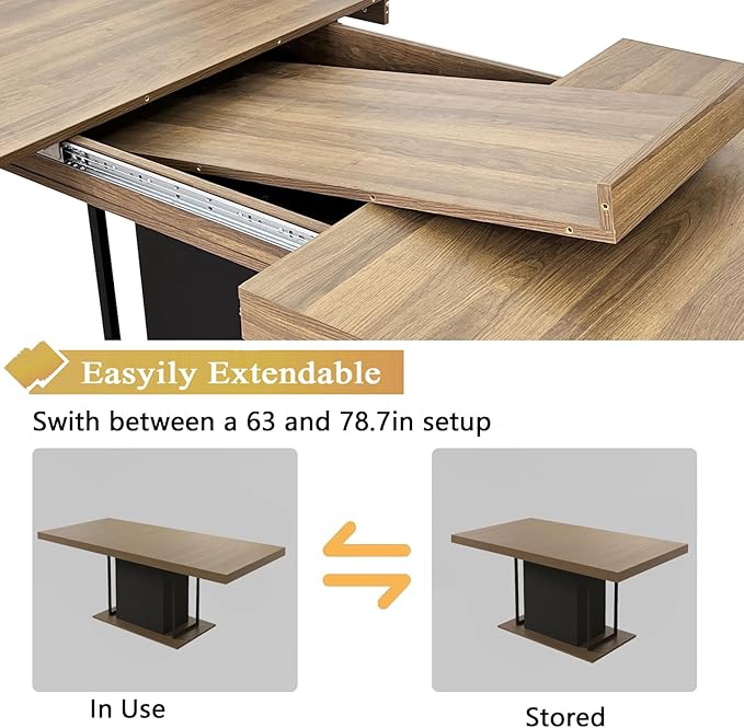 Goujxcy 78.7" Farmhouse Extendable Dining Room Table Set for 6, 7-Piece Rectangle Kitchen Dining Room Table Set with Wood Base and 6 Blue Velvet Dining Chairs, Extending Kitchen & Dining Table Set