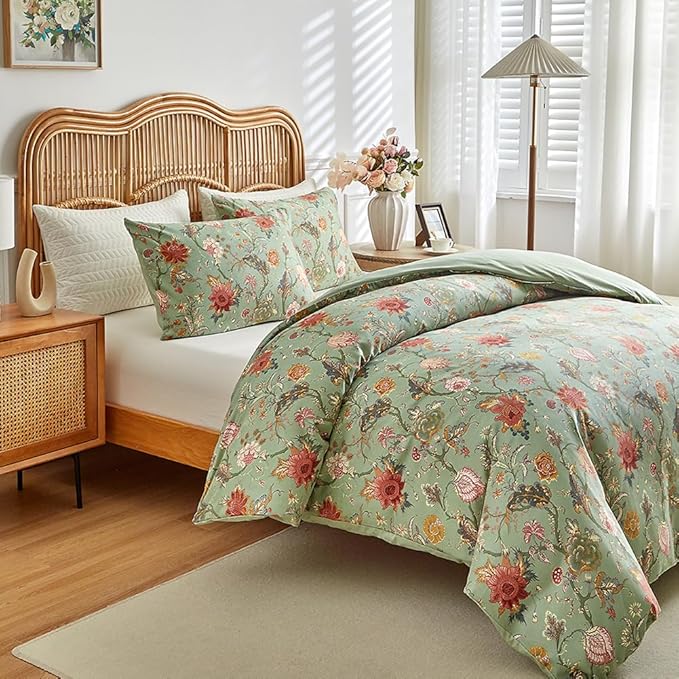 EAVD Vintage Garden Floral Comforter Set Twin XL Green Soft Microfiber Chic Vibrant Floral Bedding Comforter Set 1 Twin XL Bed Comforter and 2 Pillowcases Fresh Botanical Comforter Set for All-Season