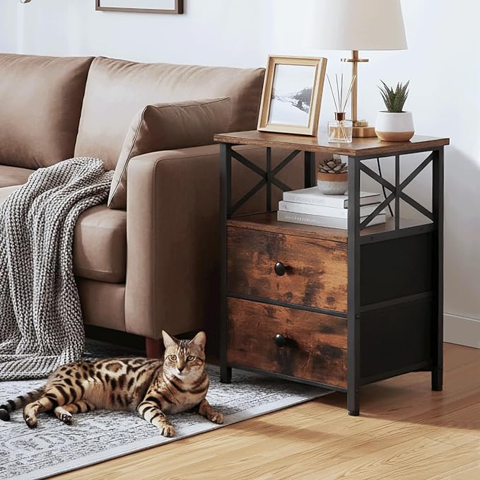 AMHANCIBLE Night Stand Set 2, Nightstand with Charging Station, End Tables Living Room with USB Ports and Outlets, Bedside Tables with Fabric Drawers for Bedroom, Rustic Brown HET05XBR