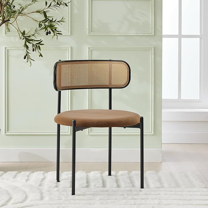 Rattan Dining Chairs Set of 4, Mid Century Modern Dining Chairs with Cane Back and Boucle Upholstered Seat, Farmhouse Kitchen Chairs for Dining Room and Living Room, Brown