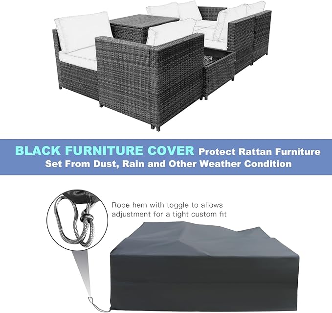 HAPPYGRILL 8 Pieces Patio Furniture Set Outdoor PE Rattan Conversation Set with Storage Box, Sectional Wicker Sofa Set with Coffee Table and Cushions for Garden Backyard