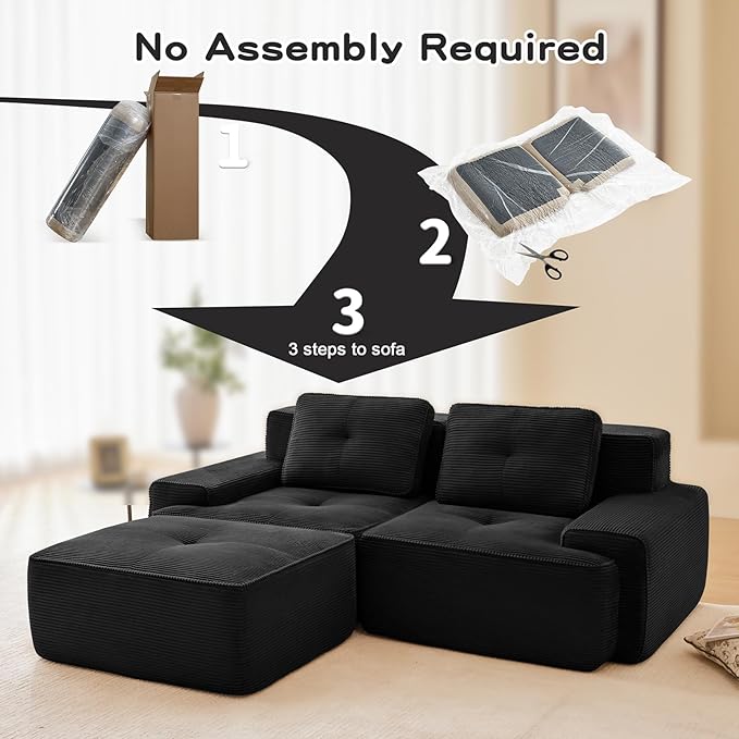 80" Modern Compressed Boneless Love Seat Couches with 1 Ottoman, 2 Seater Large Sectional Couches for Living Room, Black Corduroy Cloud Modular Sectional Sofa, Memory Foam, Deep Loveseat, No Assembly