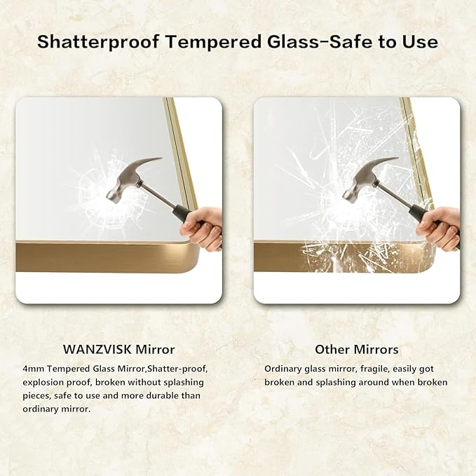 Gold Framed Mirrors for Bathroom,60 x 30 Inch Rounded Conner Rectangle Mirror for Wall, Matte Gold Vanity Mirror with Tempered Glass,Anti-Rust,Hangs Horizontally or Vertically