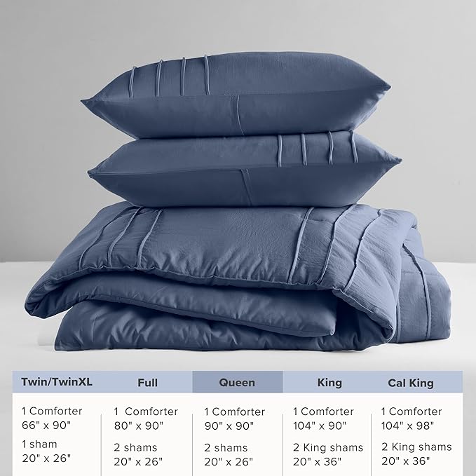 Comfort Spaces Navy Queen Size Comforter Set - 3 Pieces Pintuck Pleated Bedding Sets, All Season Lightweight, Extra Softness Pre-Washed Microfiber Queen Bed Set, Shams, Queen