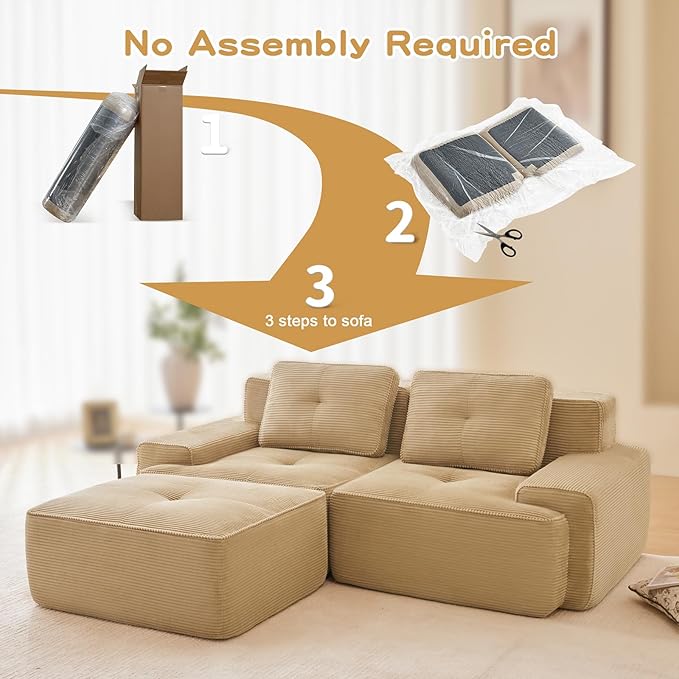 80" Modern Compressed Boneless Love Seat Couches with 1 Ottoman, 2 Seater Large Sectional Couches for Living Room, Camel Corduroy Cloud Modular Sectional Sofa, Memory Foam, Deep Loveseat, No Assembly