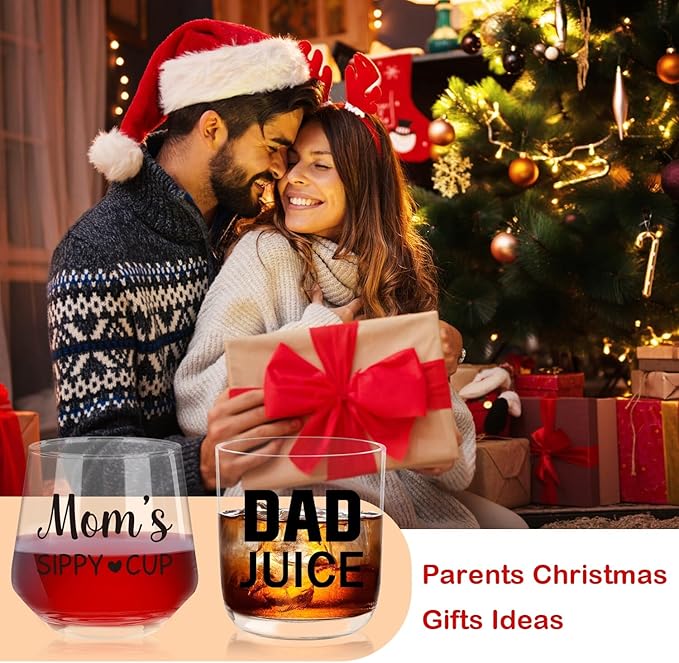 Ithmahco Parents Christmas Gifts, MOM's SIPPY CUP DAD JUICE Wine and Whiskey Glass Set, Mom and Dad Gifts for New Parents, New Parent Gift For Couples, Mom and Dad Cups Gift for Christmas