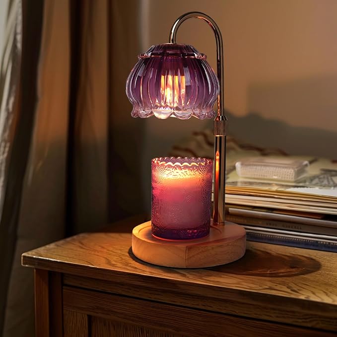 Candle Warmer Lamp with Timer,2 Bulbs, Wood Base and Adjustable Height Flower Candle Warmer Lamp for All Jar Candles, House Warming Decor Gifts, French Gold (Flowers)