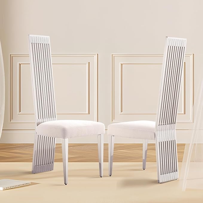 Modern Dining Chairs Set of 6, White Boucle Dining Room Chairs with Silver Polished Stainless Steel Legs, Upholstered Chairs with High Back and Metal Legs for Kitchen/Living Room/Restaurant