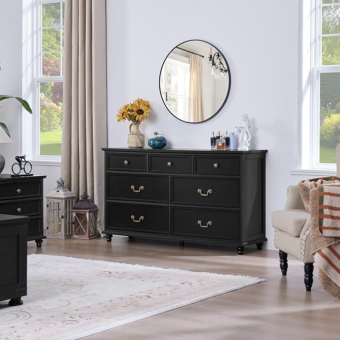 24" Wide Farmhouse Nightstand Set of 2, 54" 7 Drawers Dresser, 37" Tall Rustic Chests of Drawers w/ 4 Solid Wood Feet, Farmhouse Furniture Series for Living Room,Bedroom,Black