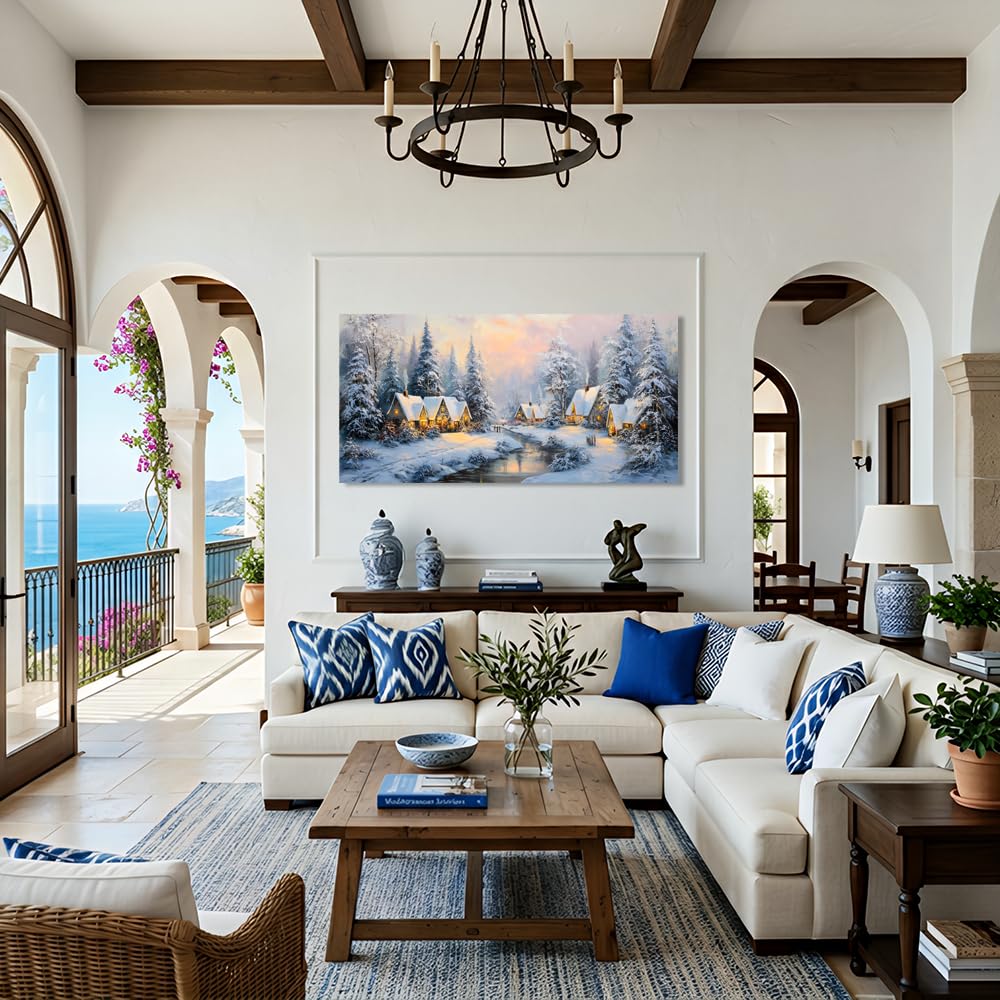TEKMENT White Retro Cabin Wall Art for Bedroom Canvas Painting Prints Beautiful Snow Winter Forest Rustic Christmas Night Village Art Deco Nature Artwork Office Farmhouse Decor