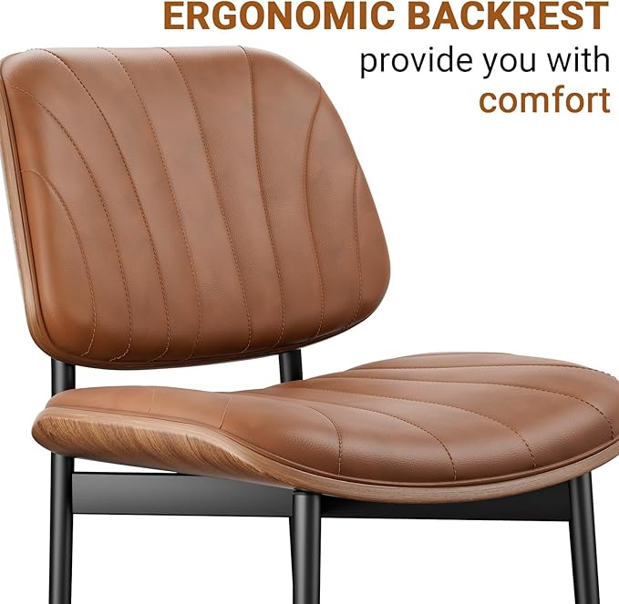 Dining Chairs Set of 4, Mid-Century Modern Upholstered PU Leather Chairs with Walnut Bentwood Back and Metal Legs Adjustable Feet for Kitchen Dining Room, Camel Shell Strips