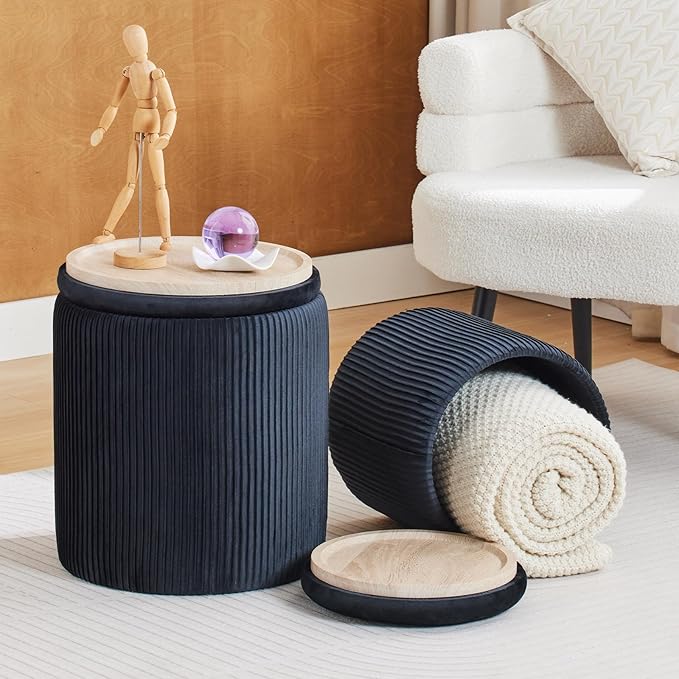 Round Ottoman with Storage Set of 2-Upholstered Sherpa Vanity Stool for Makeup Multifunctional Ottomans Coffee Table Padded Seat Foot Rest (Engineered Wood, Black-Upgrade Taray Lid)