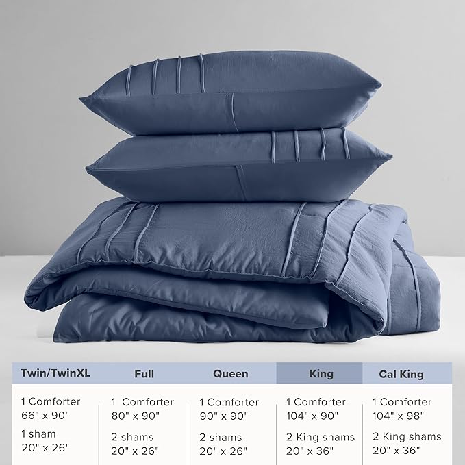 Comfort Spaces Navy King Size Comforter Set - 3 Pieces Pintuck Pleated Bedding Sets, All Season Lightweight, Extra Softness Pre-Washed Microfiber King Bed Set, Shams, King