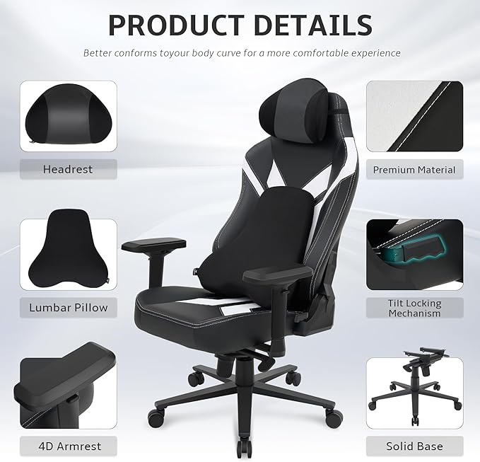 Ergonomic Gaming Chair, Wyrdforging Computer Desk Chairs, 4D Armrests, High Back Office Chair With Headrest & Lumbar Pillow, Tilt Rocker Recliner, Heavy-Duty Base, Black PU Leather & White Suede Combo