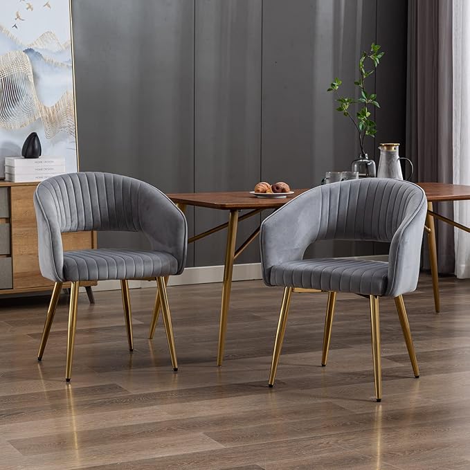 Modern Velvet Dining Chairs Set of 4, Upholstered Gold Dining Room Chairs with Hollow Back and Gold Legs, Accent Armrest Kitchen Chairs for Living Room Reception Grey