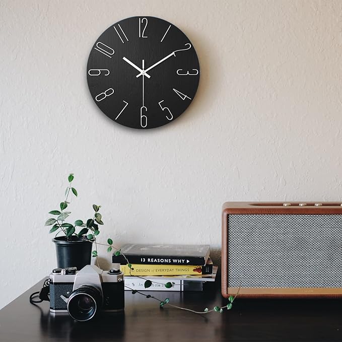 Wall Clock, Silent Clock, Wall Clocks Battery Operated, 12 inch Modern Wall Clock, Suitable for Offices, Living Rooms, Kitchens, Homes, Schools (Black)