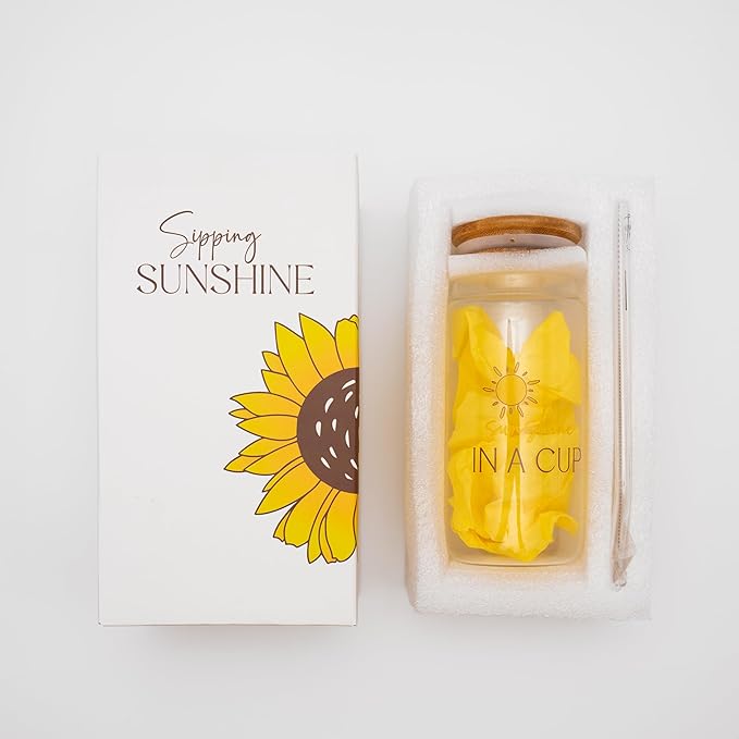 Sunflower Gifts for Women - Glass Tumbler with Lid and Straw, Customized Straw Stopper and Cup Sleeve. Aesthetic Unique Design Iced Coffee Gift Cup for Mom, Teacher, Friend
