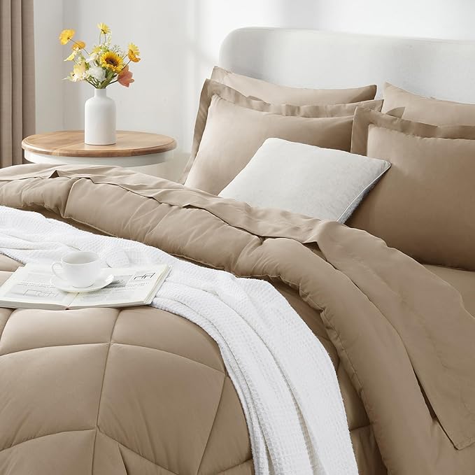 CozyLux Full Size Comforter Sets Taupe - 7 Pieces Bed in a Bag Full, Luxury Soft Bed Set for All Seasons, Bedding Set with Down Alternative Comforter, Sheets, Pillowcases & Shams