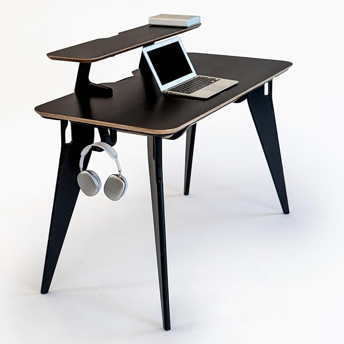 HOEK Desk Bundle, Modern Home Office Desk with 47.5" x 23", Integrated Monitor Shelf, Storage Shelf, Wall Cleat and Hook, Space-Saving, Portable Collapsible Table for Work and Study (Black/Black)