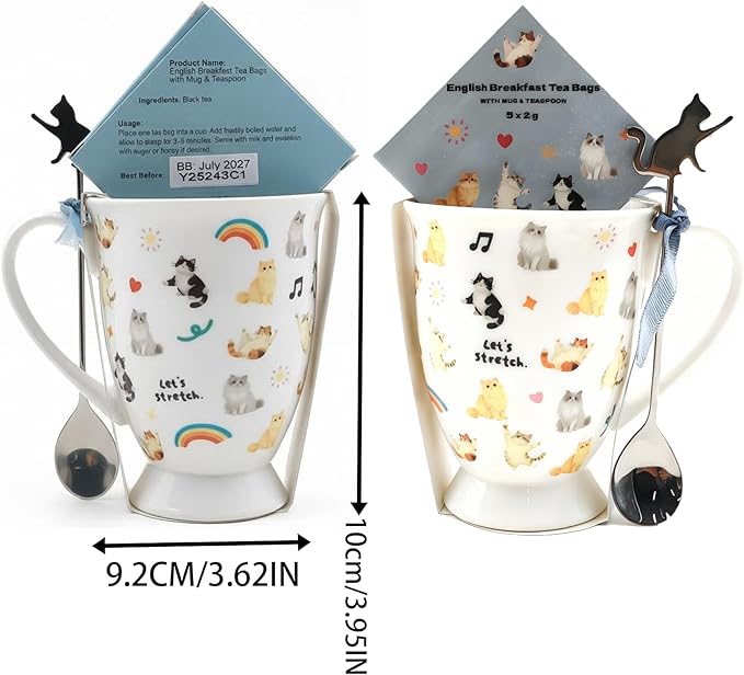 Cute Cat Cups Crazy Cat Lady Porcelain Coffee Mugs and English Breakfast Tea Set Reusable Ceramic Cup Animal Mug as Best Gift for for Mom, Daughter, Sister, Aunt, Wife, Best Friends, Coworkers