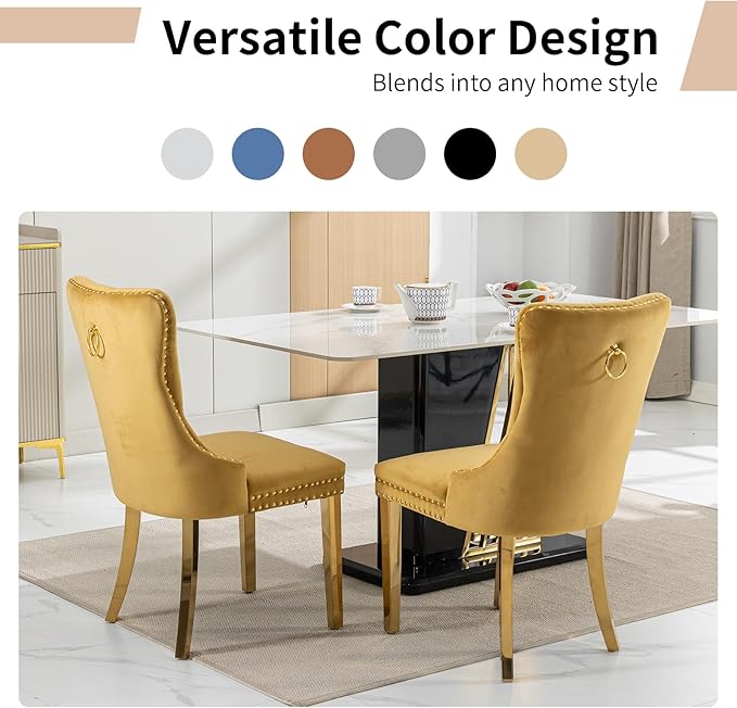Luxury Upholstered Dining Chairs Set of 8, Yellow Kitchen Chair with Golden Metal Legs, Velvet Tufted Back Dining Chair, Sillas de Comedor, Modern Kitchen & Dining Room Chairs (Gold, 8 Pcs)